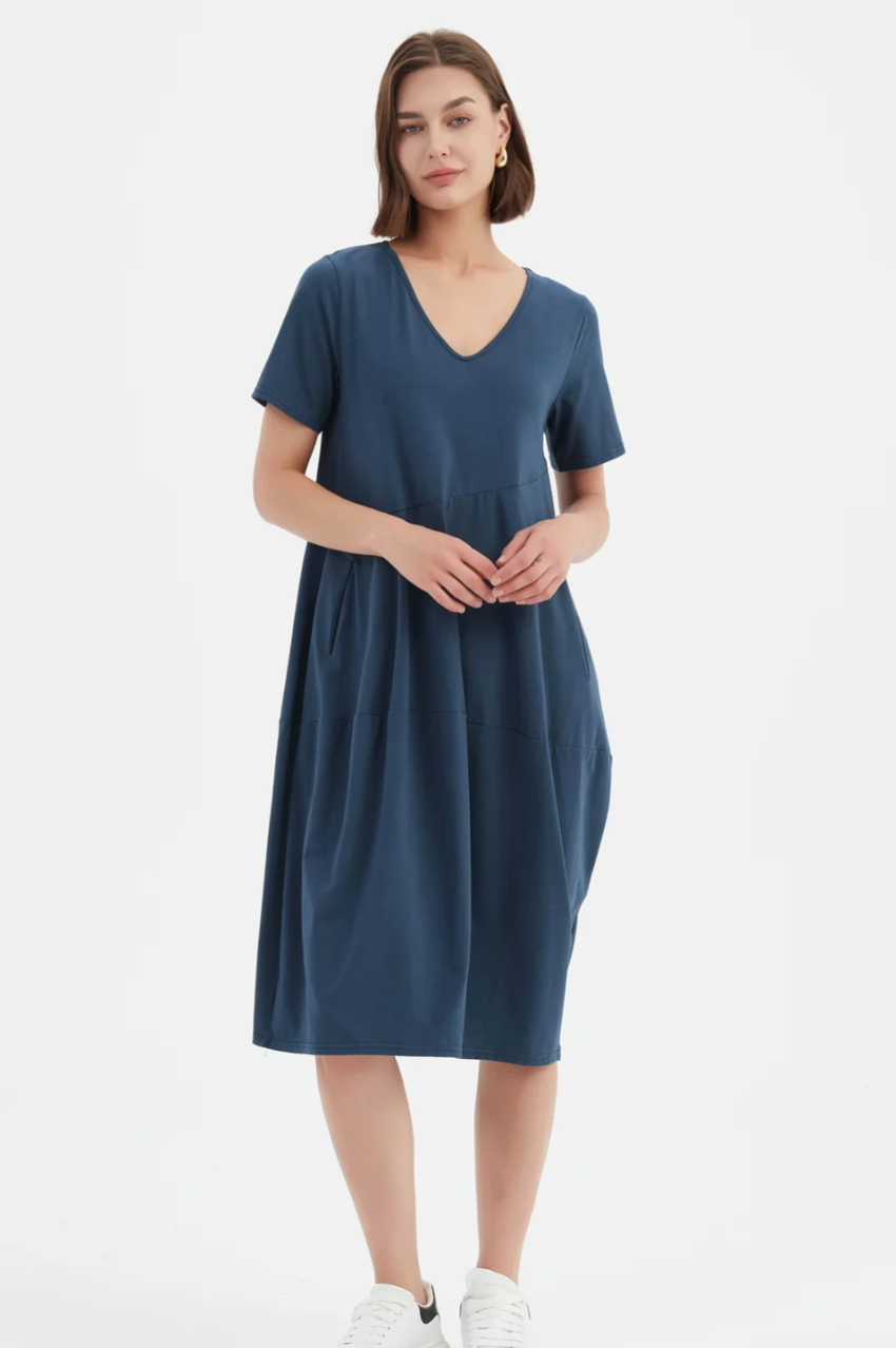 S/S Diagonal Seam V Neck Dress - Deep Teal