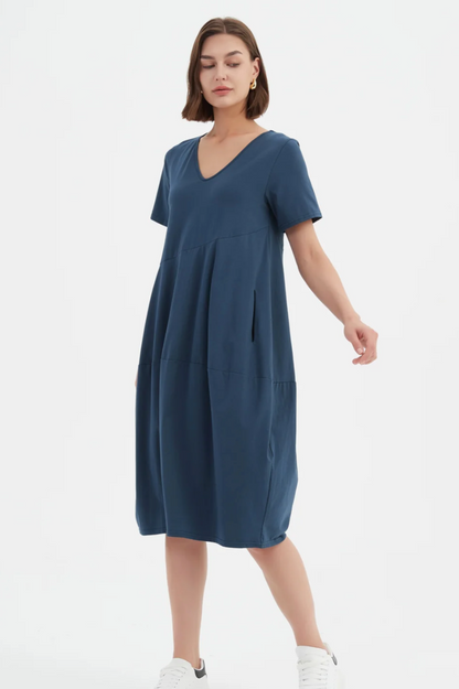 S/S Diagonal Seam V Neck Dress - Deep Teal