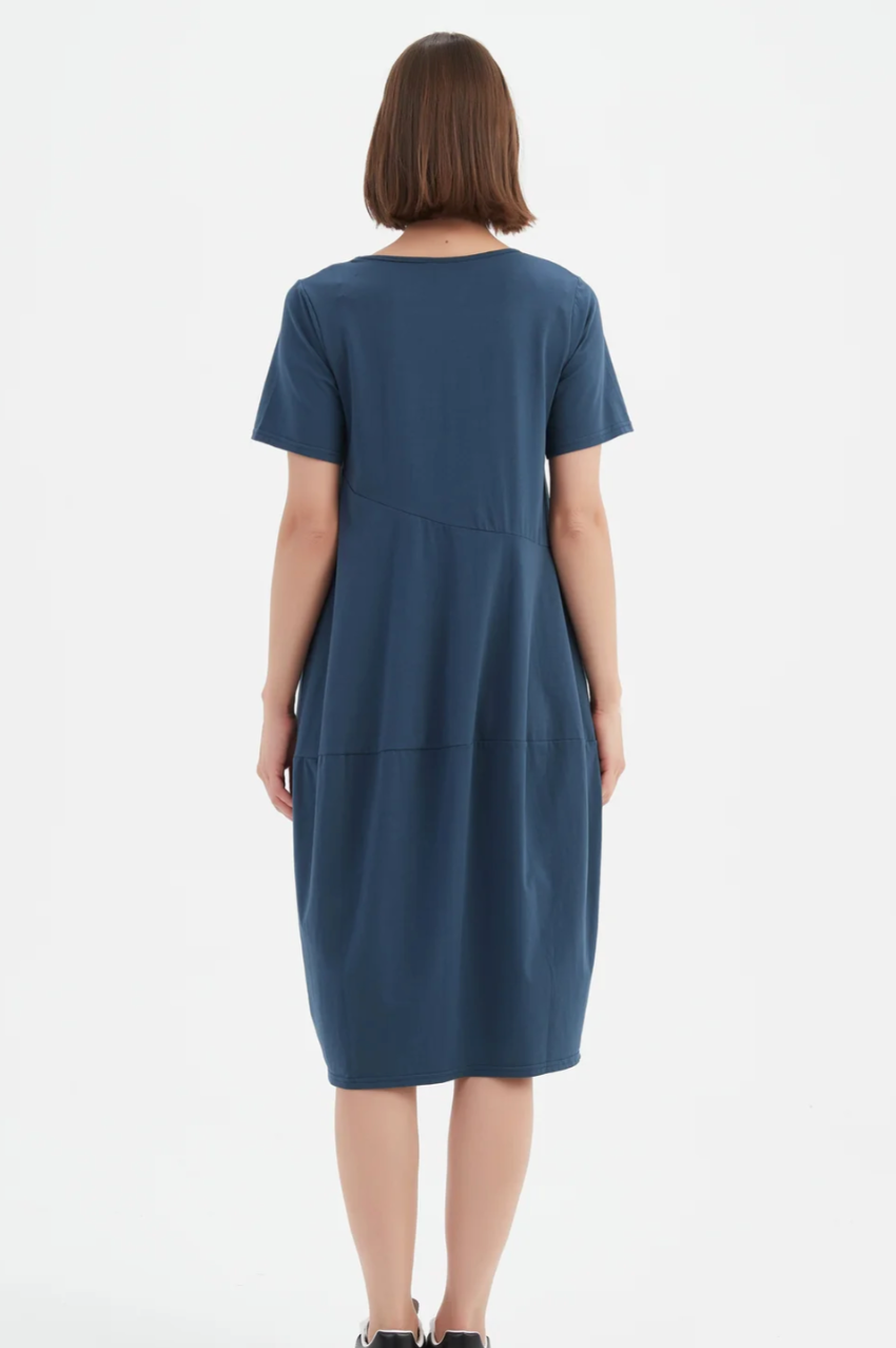 S/S Diagonal Seam V Neck Dress - Deep Teal