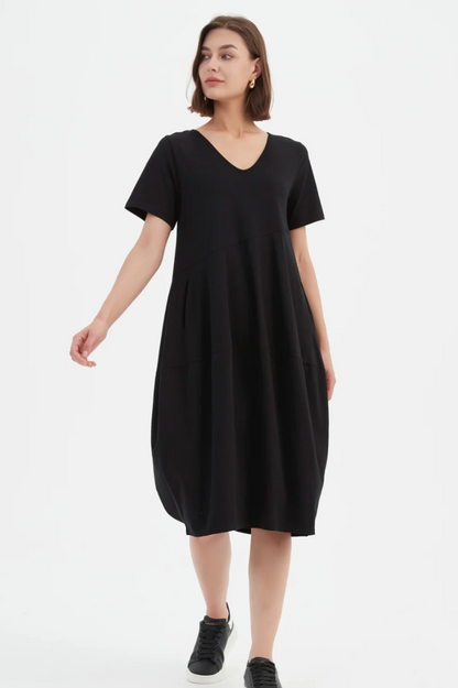 S/S V Neck Diagonal Seam Dress - Black