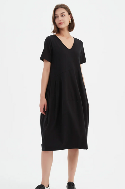 S/S V Neck Diagonal Seam Dress - Black