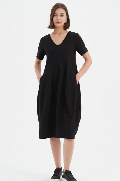 S/S V Neck Diagonal Seam Dress - Black