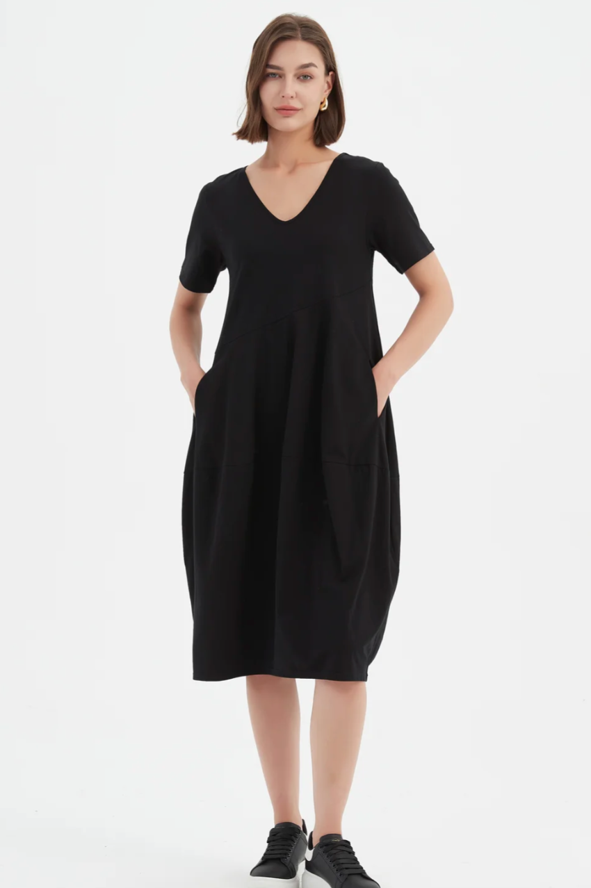 S/S V Neck Diagonal Seam Dress - Black