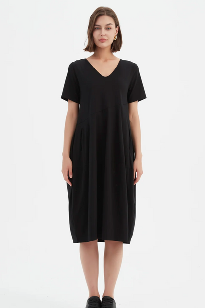 S/S V Neck Diagonal Seam Dress - Black