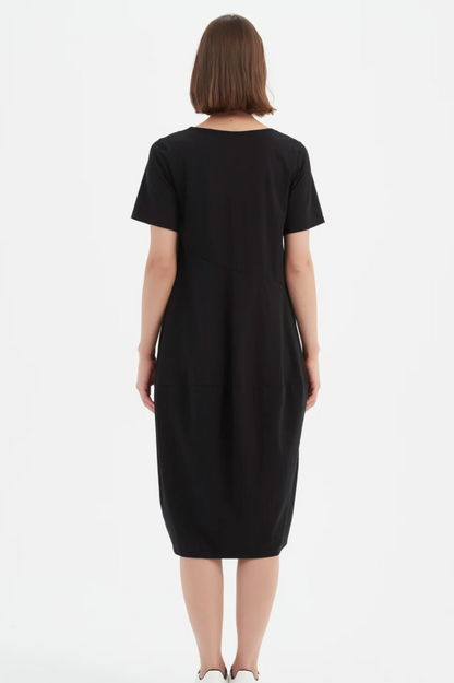 S/S V Neck Diagonal Seam Dress - Black