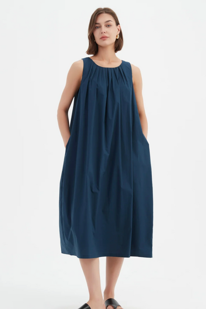 Pleat Neck Dress - Deep Ocean