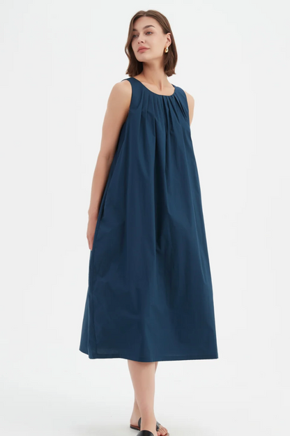 Pleat Neck Dress - Deep Ocean