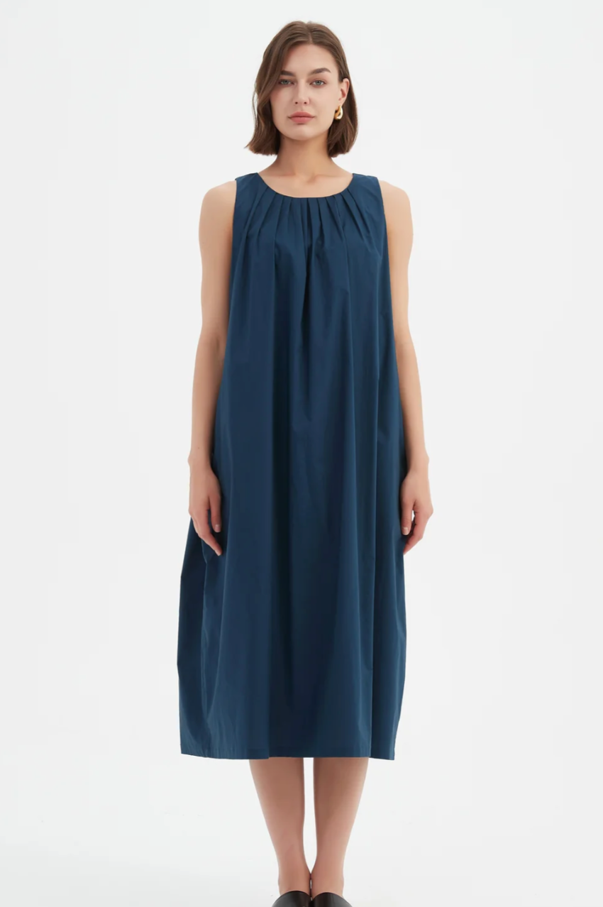 Pleat Neck Dress - Deep Ocean