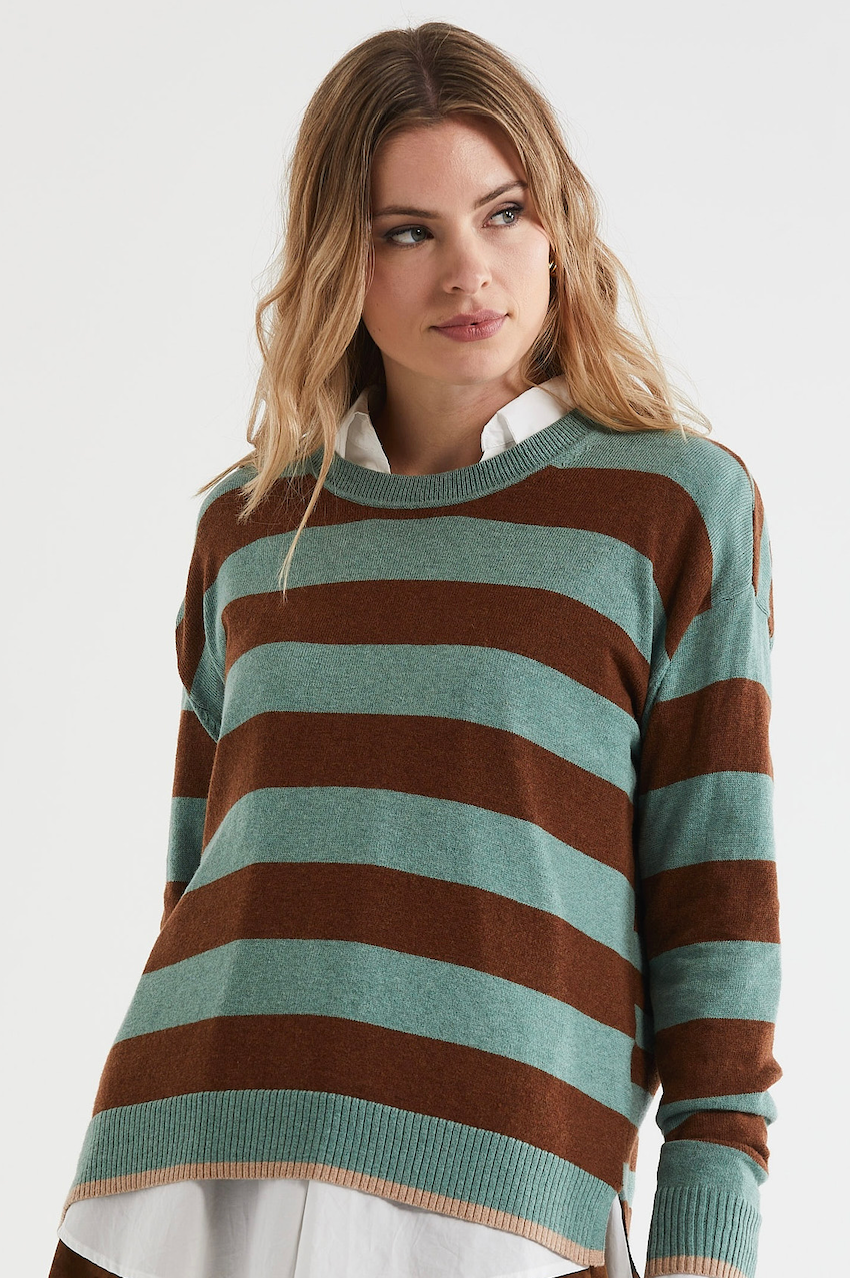 Zaket & Plover Block Stripe Crew - Moss