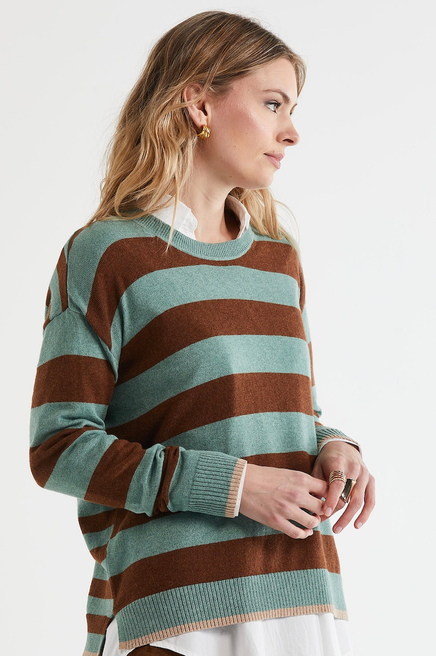 Zaket & Plover Block Stripe Crew - Moss