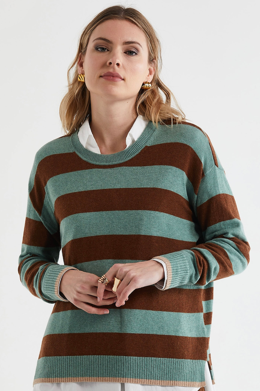 Zaket & Plover Block Stripe Crew - Moss