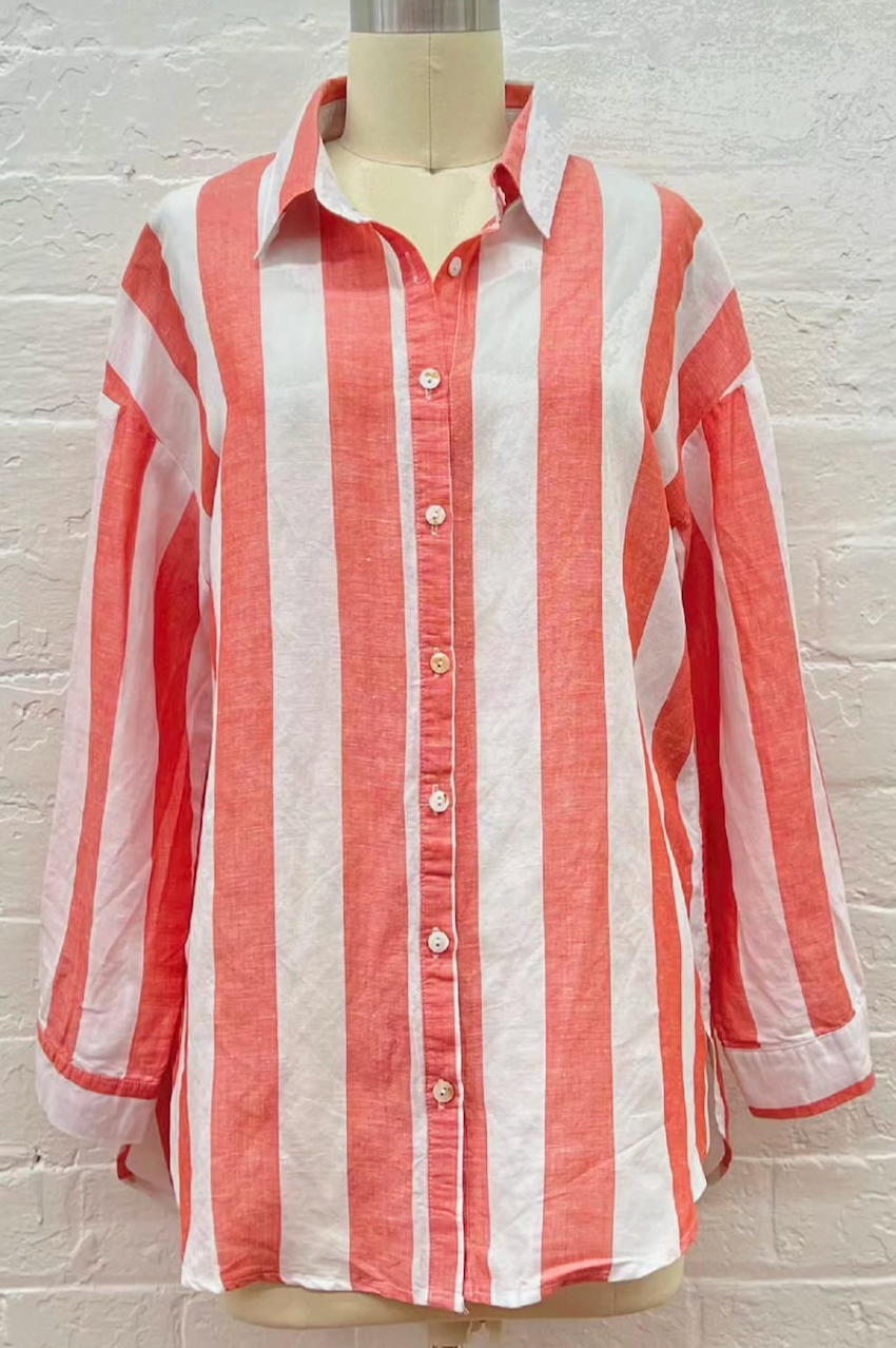 Linen Striped Shirt - Coral