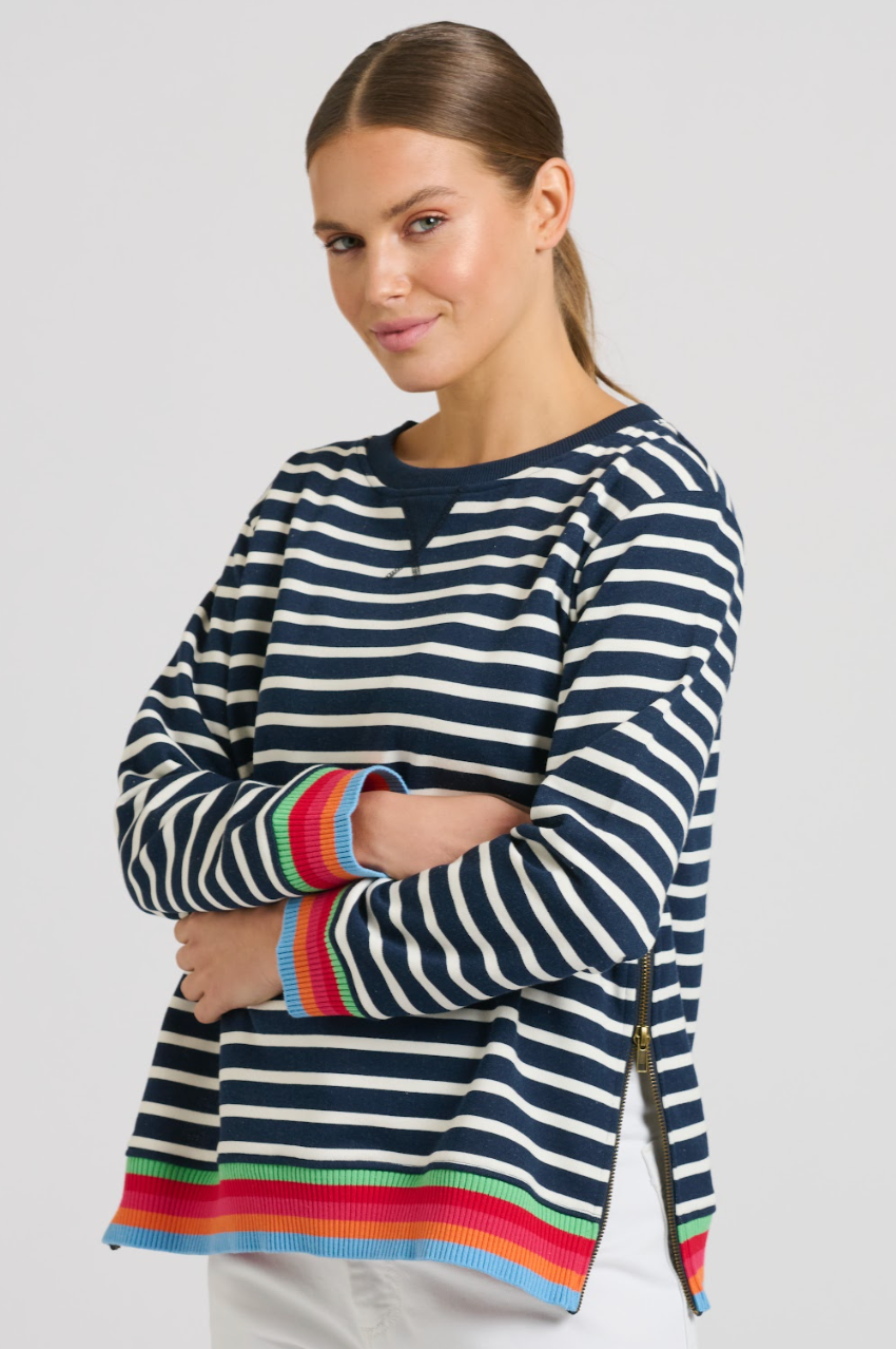 Zipside Classic Sweatshirt - French Navy Stripe/Rainbow