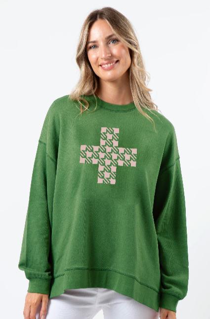 Sunday Sweater - Emerald/Blush Houndstooth