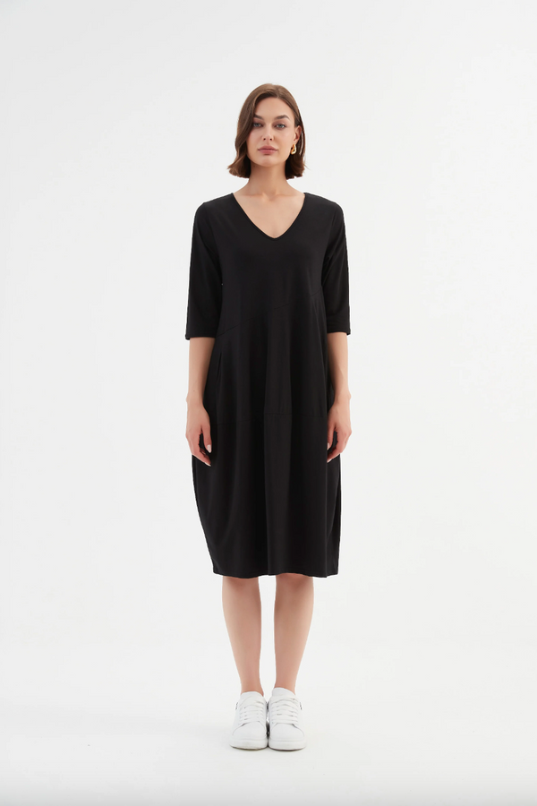 V Neck Diagonal Seam Dress - Black