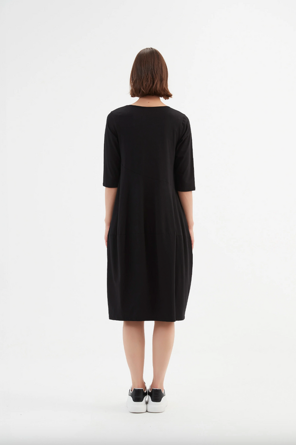 V Neck Diagonal Seam Dress - Black