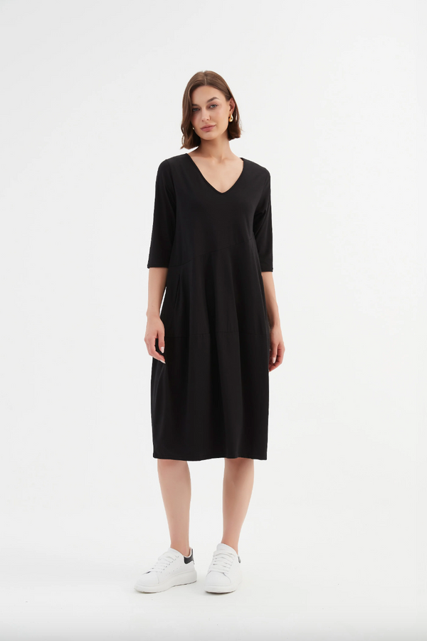 V Neck Diagonal Seam Dress - Black