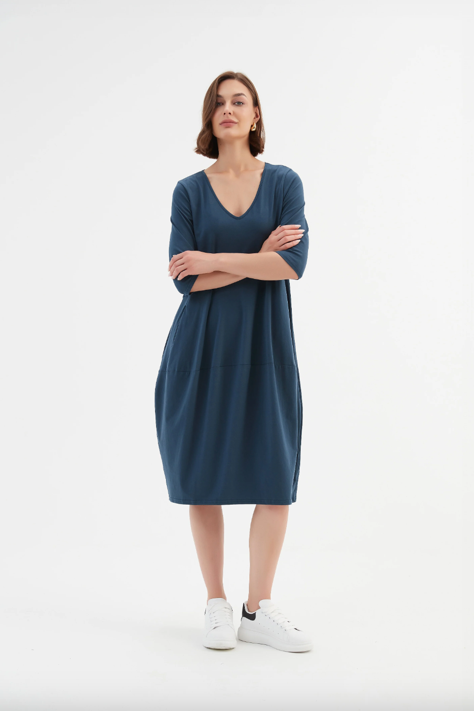 V Neck Diagonal Seam Dress - Deep Teal