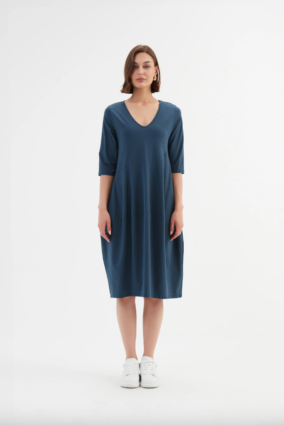 V Neck Diagonal Seam Dress - Deep Teal