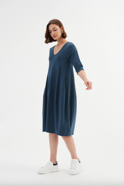 V Neck Diagonal Seam Dress - Deep Teal