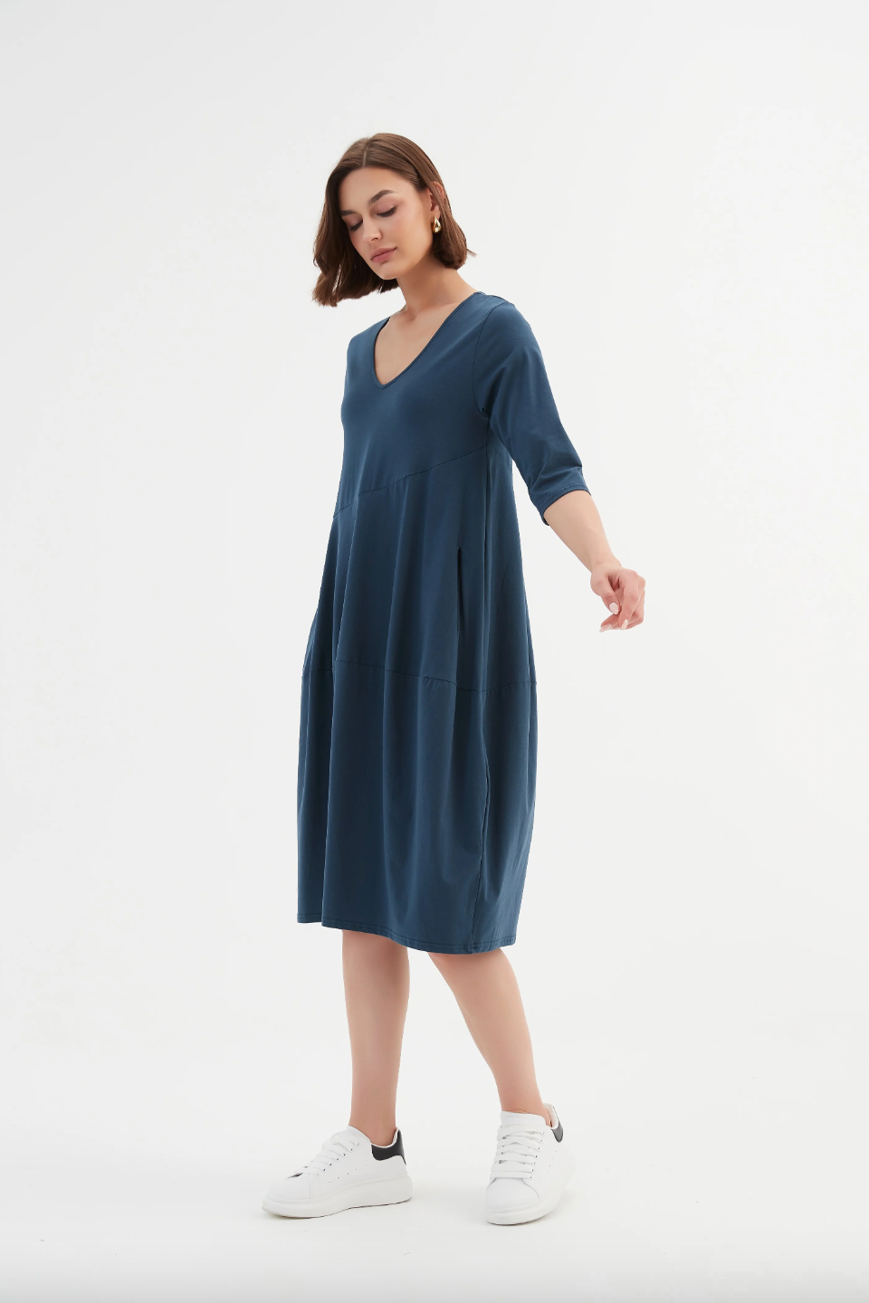 V Neck Diagonal Seam Dress - Deep Teal