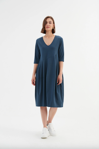 V Neck Diagonal Seam Dress - Deep Teal